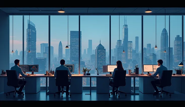 A dark office with people, with modern computers, large windows with city views
