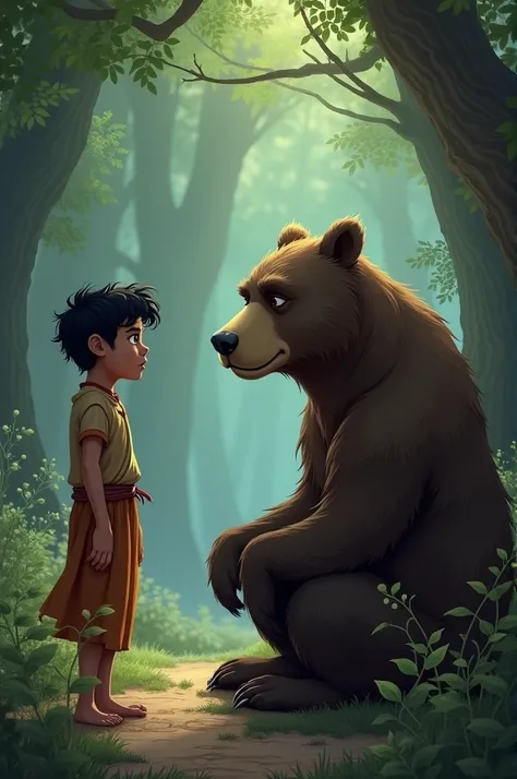 Ram stands in front of Mohan, who is now sitting up. Ram is smiling nervously, asking what the bear whispered in his ear. Mohan, still serious and thoughtful, looks straight ahead as he prepares to share the important lesson he learned. The background fore...