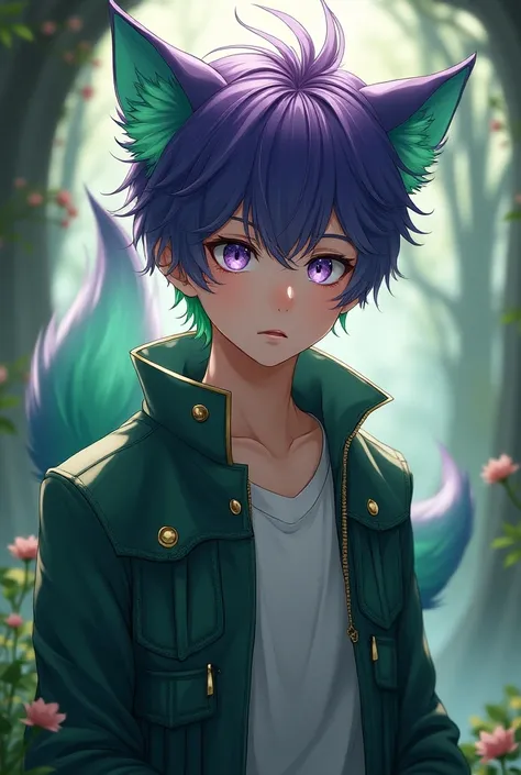  Create a teenage boy with purple hair and some green locks, anime-style ears and two fox tails  