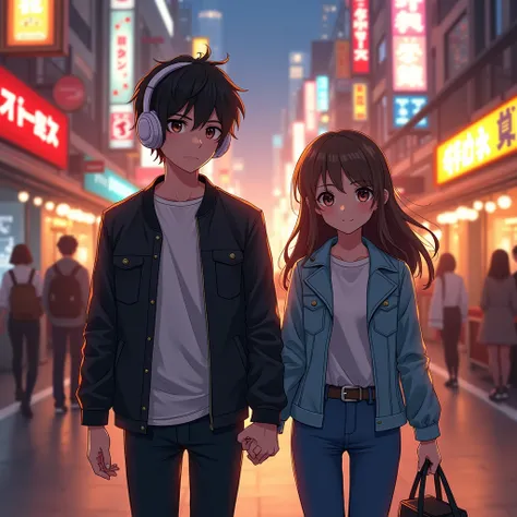 Boy and girl anime ,  walking through the streets of Tokyo , Holding hands,  boy listening to music with large white headphones , short black hair, brown eyes, serious look,  with black leather jacket and white t-shirt , muscular, la chica con cabello larg...