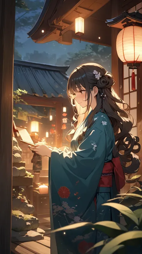 One Girl、 Dreamy Expression 、Curly Hair、Traditional Japanese clothing、 Illuminated by Moonlight 、  
   break、  
   Quiet Night、( fantastic atmosphere :1.2)、Light color、Mysterious Shadow、Wishes in the Heart 、  
   break、  
    Old-fashioned Shrine 、 Figure ...