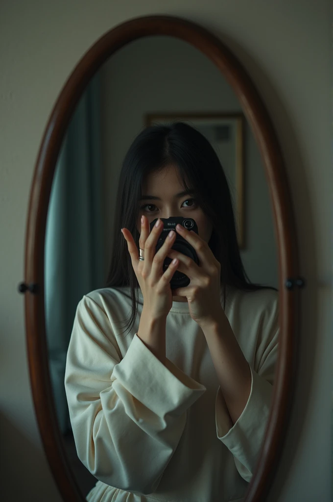 A girl taking a picture in the mirror covering her face 