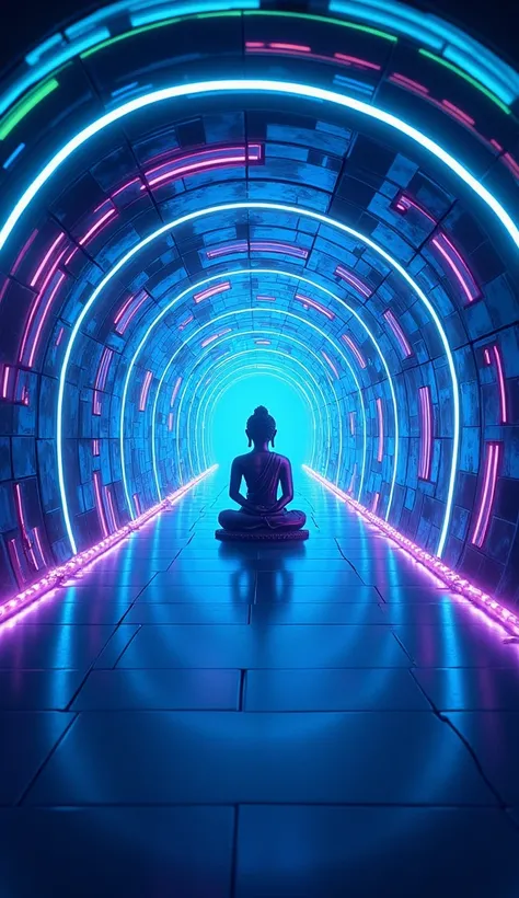  “A futuristic time tunnel ， The wall is flashing blue 、 purple and green neon lights ，” A futuristic time tunnel 。 {x} {x} The Buddha is standing at the intersection of crossing and the future {x} tunnel circling like an endless spiral， bands of light gal...