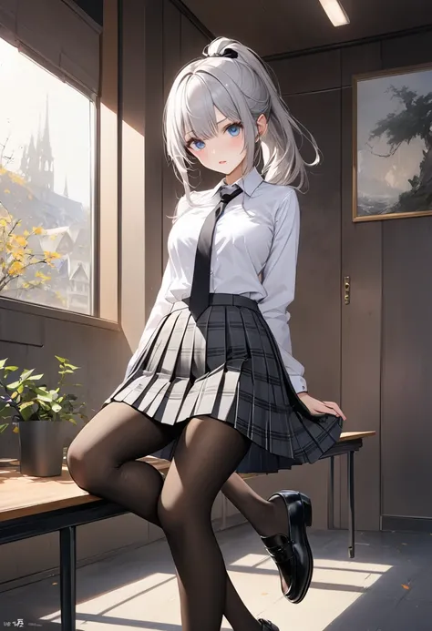 Best Quality、 unity 8k Wallpaper 、32K、masterpiece、 very detailed、 super high definition、 very detailedな顔, RAW Photos, professional, Fine painting, Rin々Beautiful girl、Beautiful blue eyes 、High school girl、( dark hair ponytail )、White hair ribbon、美しいprofessi...