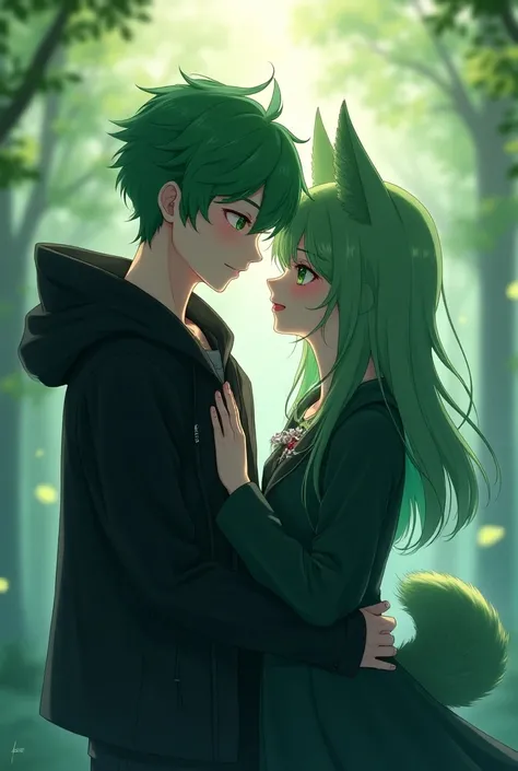 You have a teenage boy with green hair and black clothes who is the boyfriend of a teenage girl with green hair with fox ears and tail in anime style 