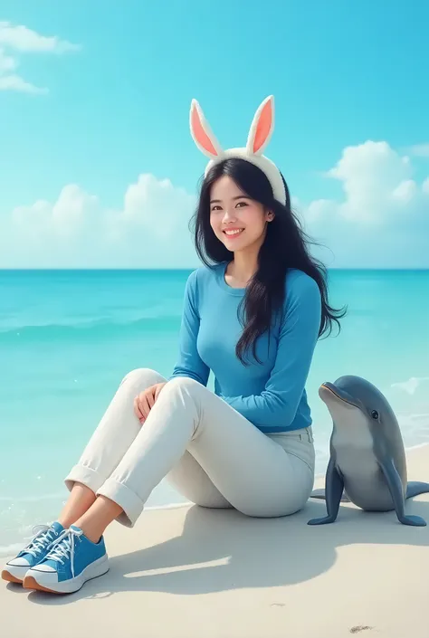  Beautiful Indonesian woman with black long hair .  Wearing a bunny-shaped bando .  Wearing a blue long-sleeved t-shirt and white trousers. And blue sneakers .  The woman is sitting by the beach Next to her is a dolphin.  Staring ahead with a smiling face ...