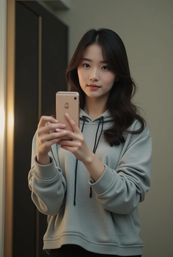 ((best quality)), ((masterpiece)), (detailed), 1girl, 
Japanese beautiful  girl、pretty girl、 Asia girl、
Theres a mirror on the wall showing up 、 and there I took a selfie with the latest iPhone phone、Slender、slim、24 years old、Grey hoodie、 Black Miniskirt 、...