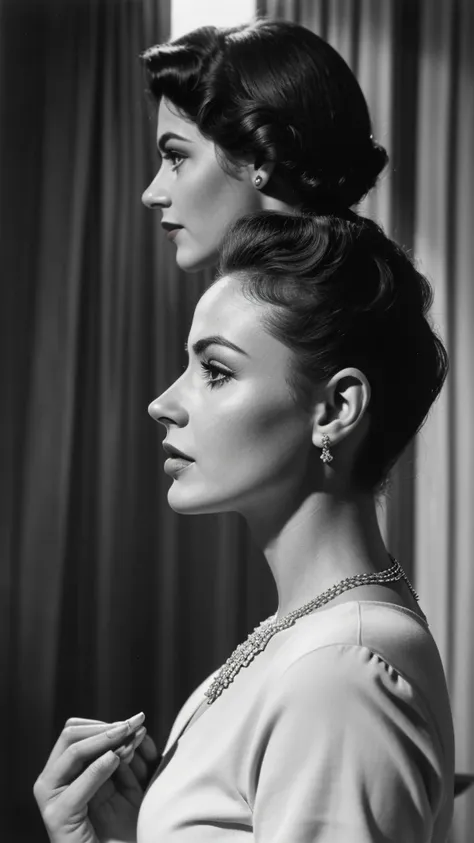 A woman in profile, from the 1950s, with one arm raised and a diamond necklace in it