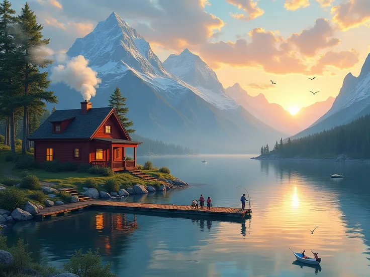 red cabin with chimney and porch, on the edge of a lake with a pier at sunset with the presence of birds, boats, pet dogs and people fishing, mountains in the background with snow on top and some.