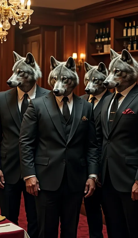  The image shows five human bodies muscular and tattooed,  with gray wolves heads ,  representing Italy .  They wear well-fitting suits , dark,  with fine ties and gold accessories ,  like watches and chains .  The environment is a classic Italian restaura...