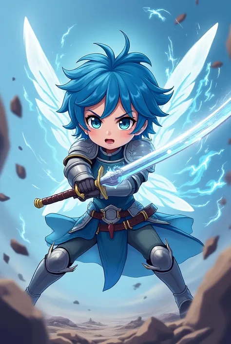 Young blue fairy , cartoon anime  , in armor with a sword in one hand and power in the other hand,  desperately attacking  