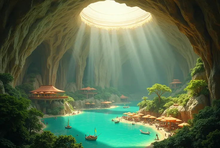 Underground world, subterranean paradise, vast underground space, luminous sand-beige ceilings, trees around a warm underground lake, bustling resort area, “Underground Paradise” written in the center of the photo,