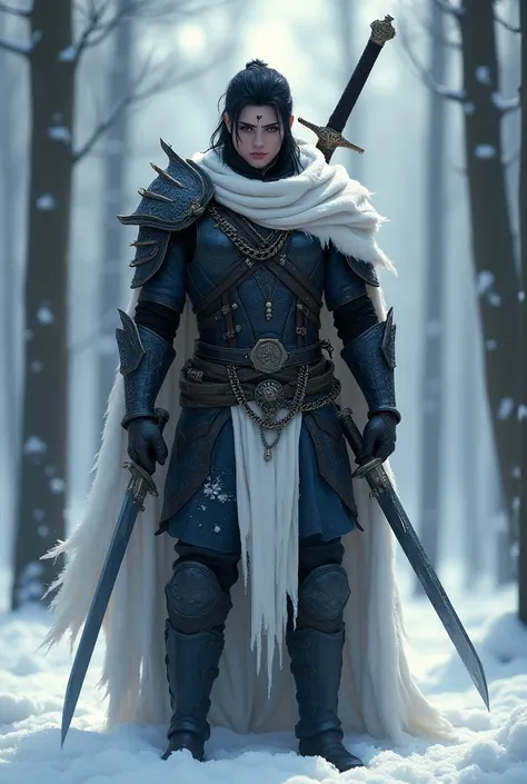 Warrior with fair skin , black hair celebrating , white tattoo under the eyes ,full-body armor in black and blue leather,with chains,bones and cloths , white animal skin over the shoulders, two swords in the back ,  in a forest with snow and ice 