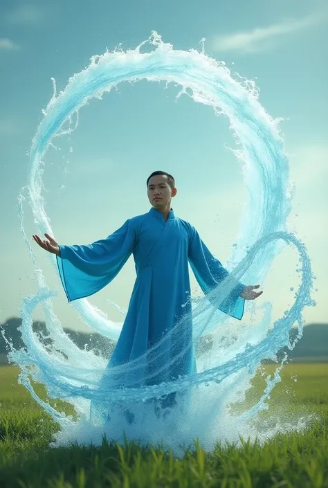 lets draw a vietnamese man in a blue tunic playing ball to control the water and mess the water in the big field
like water bander 