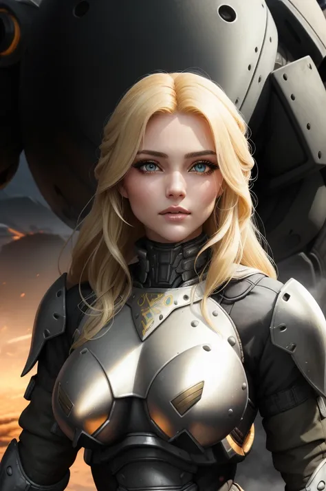 a glamour photo of a [babe|goddess], edgHalo_armor,power armor, wearing edgHalo_armor perfect face, pretty face, amber eyes, medium blonde hair, long hair, medium breasts, lush detail, absurdres, in a dystopian landscape,