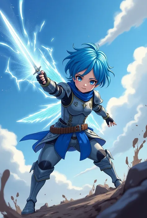 Young blue fairy , cartoon anime  , in armor with a sword in one hand and power in the other hand,  desperately attacking  