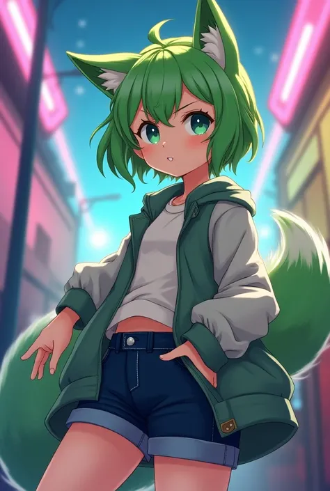 You have a green-haired teenager with ears and a foxs tail in the style of Friday Night Funkin-style