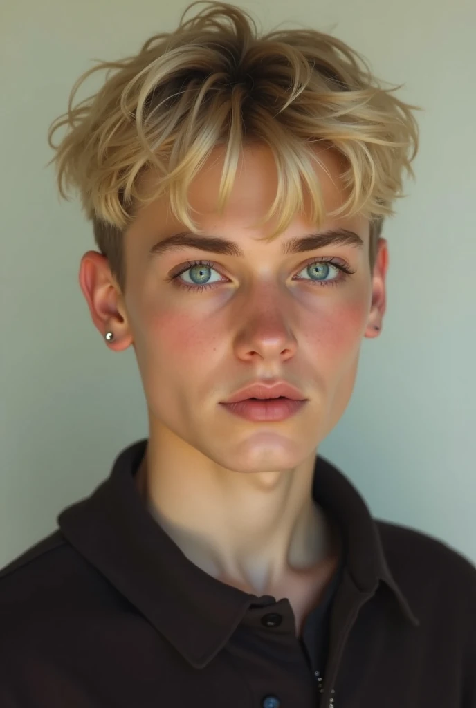 a 19 year old boy, short blonde hair, beautiful blue eyes, detailed facial features, delicate pink lips, light pink shirt, small earring on left ear, detailed portrait, masterpiece, hyper realistic, photorealistic, 8K, ultra-detailed, intricate, sharp focu...