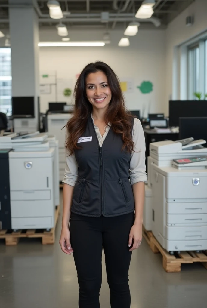 "A light brown-skinned woman with wavy hair is standing in an office environment, selling copiers, multifunction printers, and scanners from the Ricoh brand. She is wearing a professional vest with a visible name tag that reads Martha Ortega and her title ...