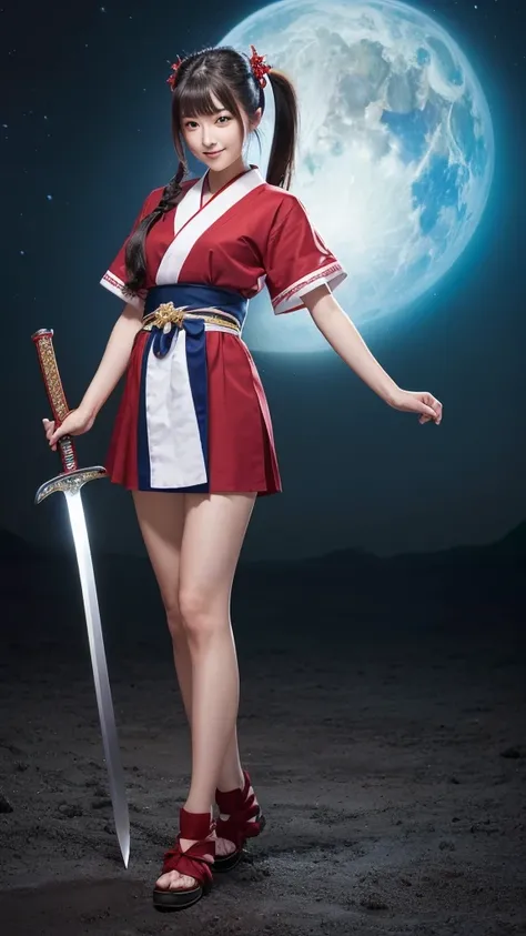 (8k, Photo quality), ( beautiful Japanese woman, age17), Shrine maiden, (Full body image, Model body type, Stand with a sword), (Right arm forward ,  left leg forward), (Dark brown long hair,  ponytail on background), Deep blue eyes, Perfectly sculpted fac...