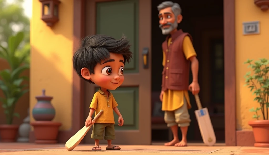 Aman is a  with a round face, expressive brown eyes, short tousled black hair, light brown sun-kissed skin, a slim and agile body, and a mischievous yet innocent expression. In this scene, Aman stands at the front door of his home, holding a cricket bat, l...