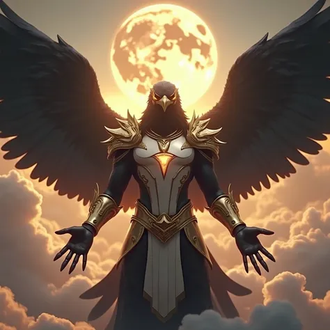 Muscular Anthropomorphic black Crow God with black wings, glowing white and gold armor, the earth hovers to his front, positioned in the clouds, lights shining on him, colossal glass sky palace in the background above, arms our he rises, 8K Octane, Hyperde...