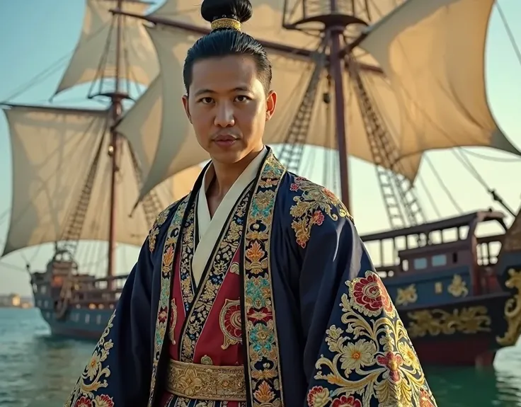 A highly realistic scene of a smile Thai-Korean male model dressed as a wealthy Chinese merchant from a historical period, standing confidently at the front of a large trading junk ship. The man exudes power and wealth, wearing traditional Chinese merchant...