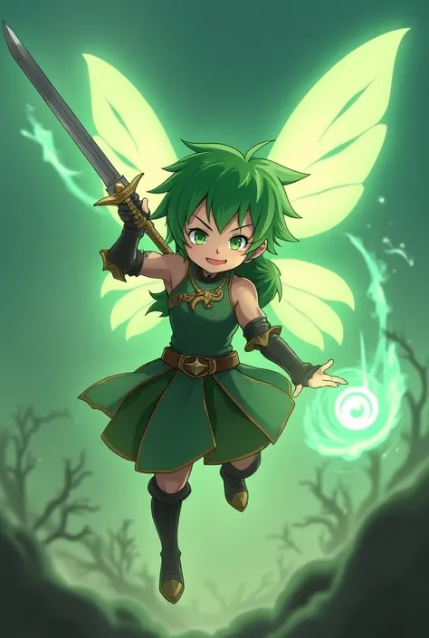 Young green fairy , cartoon anime  , in armor with a sword in one hand and a power ball in the other hand,  desperately attacking  