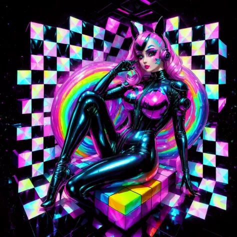 araffe in a black latex suit sitting on a colorful cube, inspired by david lachapelle, glitchpunk girl, cyber universe style, cy...