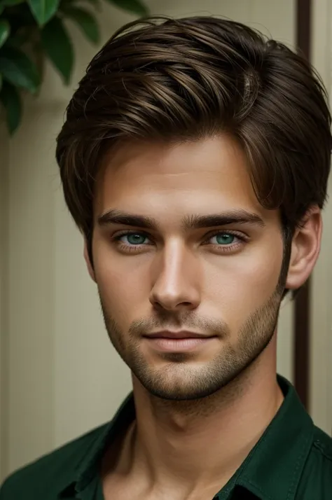 A 27-year-old boy with brown hair and green eyes 