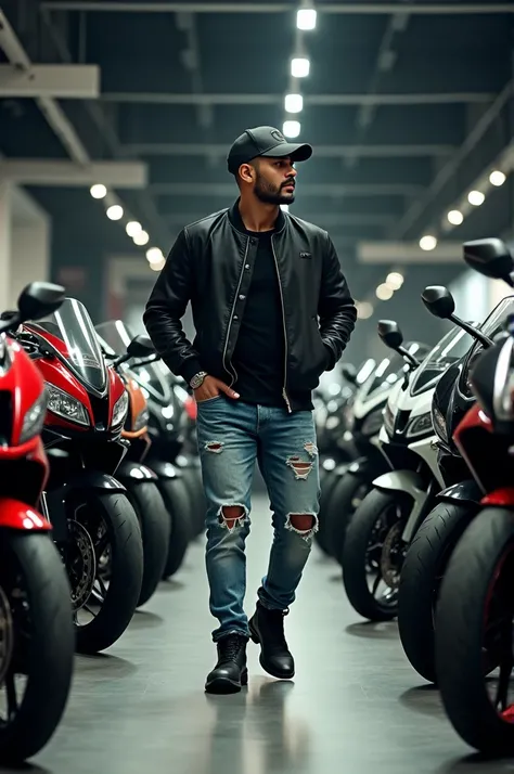 A handsome Indonesian man wearing a dhegol baseball cap wearing ripped jeans wearing a black bomber jacket wearing boots is in the Kawasaki ninja zk motorcycle showroom and there are many motorcycles