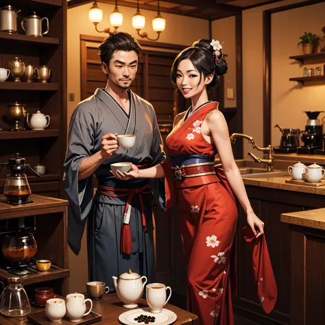 Samurai man and a happy Geisha, dancing, japonense ambience WITH A ANTIQUE COFFEE MACHINE, and cups of hot coffe. HD