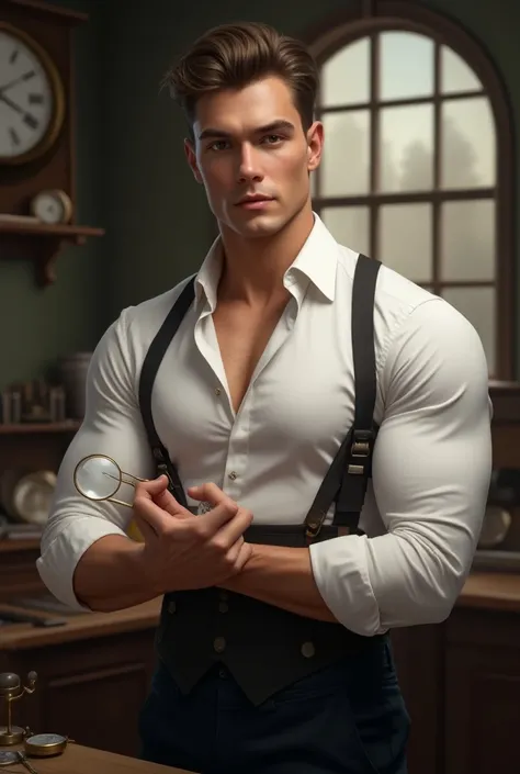 The Refined Watchmaker
A tall, lean, and muscular 20-year-old watchmaker stands in an elegant, antique-filled workshop. His smooth white skin contrasts with the crisp, partially unbuttoned white shirt and dark waistcoat he wears, revealing a hint of his br...