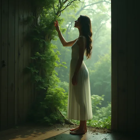 Beautiful woman inside room touching wall which is deep forest , illusion, imagination,super impose realistic 