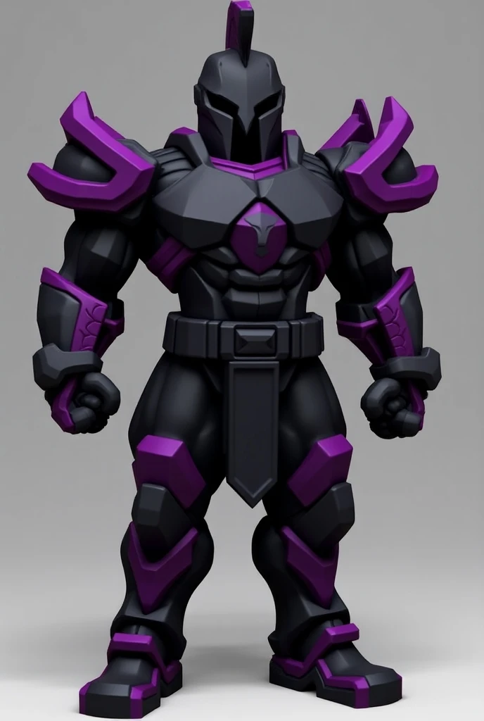 "Design a front-facing, blocky Spartan-inspired armor for a Roblox clan called ESPARTA. The armor should have a geometric, squared-off look to fit Robloxs blocky style. The primary color should be black, with bold purple accents on the edges and joints. Th...