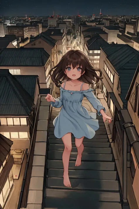  The city during a power outage, showing a dark, quiet scene with no streetlight a young girl Clara  with long, dark brown hair, wearing a light blue nightgown running excitedly up a staircase to the rooftop.
