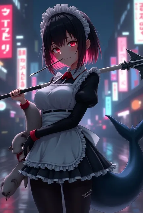 Black Hair, short hair, hair tips are red ,Maid uniform,Apathy,Unmotivated face,Red eyes,Black tights,Big shark tail , something like a seal is attached to the tail,Beauty, maid headband ,Big Breasts,Ear piercing,Anime Style,Neon city at night, holding a f...