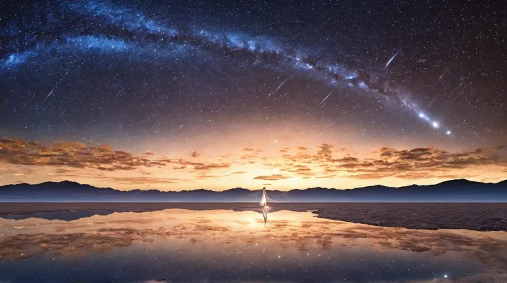 (masterpiece),(top-quality:1.2),(4K Anime),(Uyuni Salt Flats),(Uyuni Salt Flatsに立っている),（ giant shooting star）,(giant comet ),((The starry sky is reflected on the water)),(Wide shot), 1 girl,(Alone),Small breasts,  whiteta fashion  ,((Long-sleeved white cos...