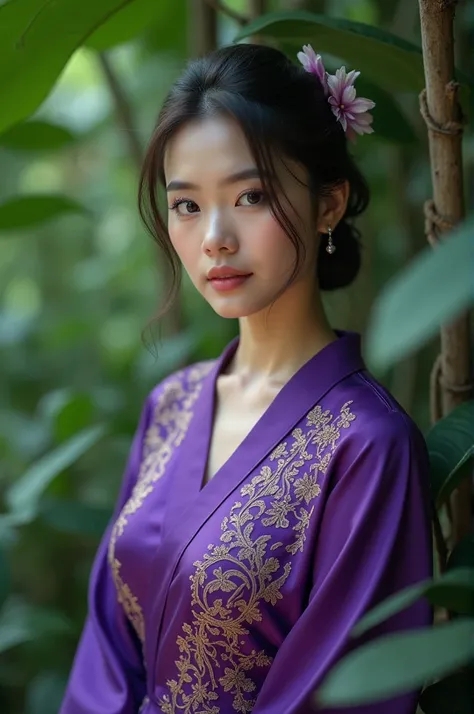 A cute woman wearing purple kebaya,super high detailed, movie scene, cinematic photography 