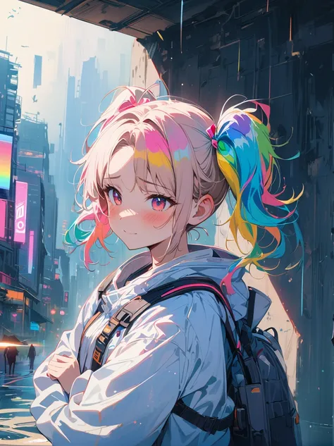 Hair shaking, victory, Long eyelashes, Solid round eye, A faint smile, ear blush, direction, (((Rainbow hair))), cosmetic, blush, sad, sad smile, shadow, Relief, Atmospheric perspective, 8K, Super Detail, precise, best quality, (Cyberpunk), Bright Lights, ...