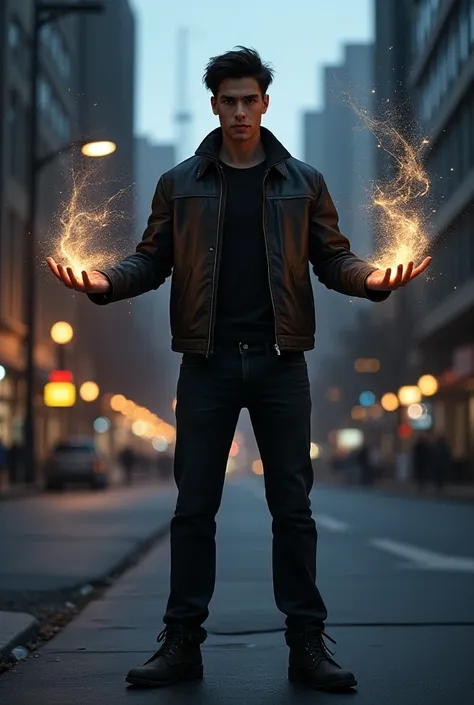 A young man, around 30 years old, stands confidently in an urban setting at dusk. His stance is steady, feet planted firmly on the ground. He is medium-built, with short dark hair and piercing, focused eyes. His hands are raised slightly in front of him, p...