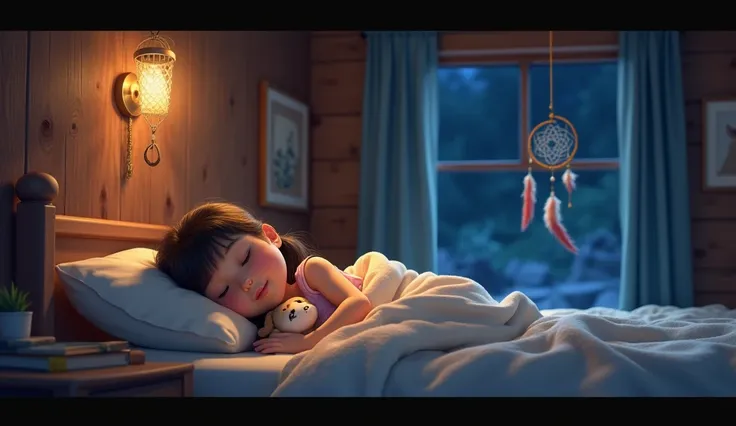 The , now calm and with a slight smile on her face, sleeps soundly in her bed, hugging a small stuffed toy. The dreamcatcher gently swings above her, capturing sweet dreams. The cabin is enveloped in a calm and protective atmosphere. Image in the Disney/Pi...