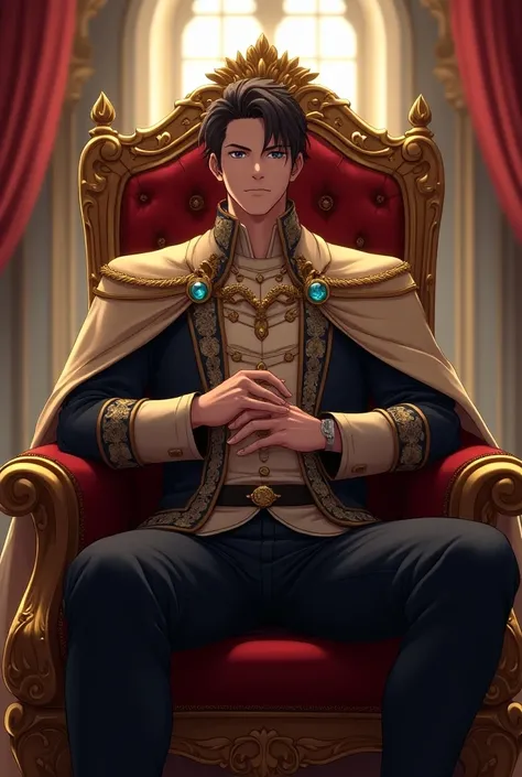 "Anime-style prince seated on a grand, ornate throne, adorned with gold and gemstones. He sits with a confident posture, a slight smirk, wearing regal attire with detailed embroidery and a flowing cape. The royal chamber features tall windows and red curta...