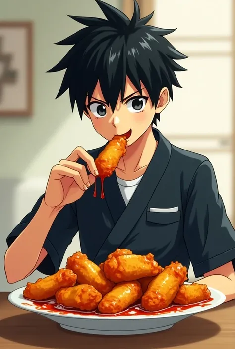 TcolonolonolonolonolonolonolonolonolonolonolonolonolonolonolonolonolonolonolonolonolonolonolonolonolaT The Really Tall Short black haired anime boy with black eyes wearing a black Gakuran Outfit, eating spicy fried chicken wings 🍗🍗