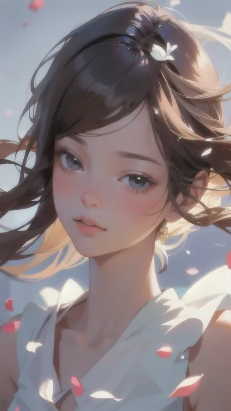 (best quality, masterpiece, ultra-realistic), 1 beautiful and delicate portrait of a girl, playful and cute, with floating petals in the background