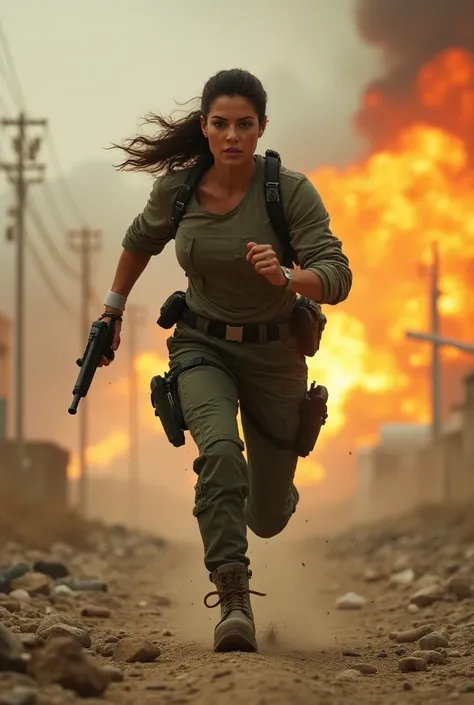 Brown-eyed brown-eyed woman running to the front gun in her hand in the background of a road and explosions 