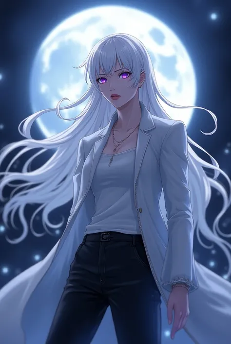 An Assassin Handsome anime character with purple eyes moon design and long white hair long sleeve white black pants chizue otome genius style 