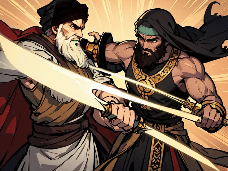 Arabic features ,beard , wearing an ornate dress , brown turban , His hand is made of white light , Hazel eyes , Strong body , muscular ,He carries two swords, fights, swords collide
