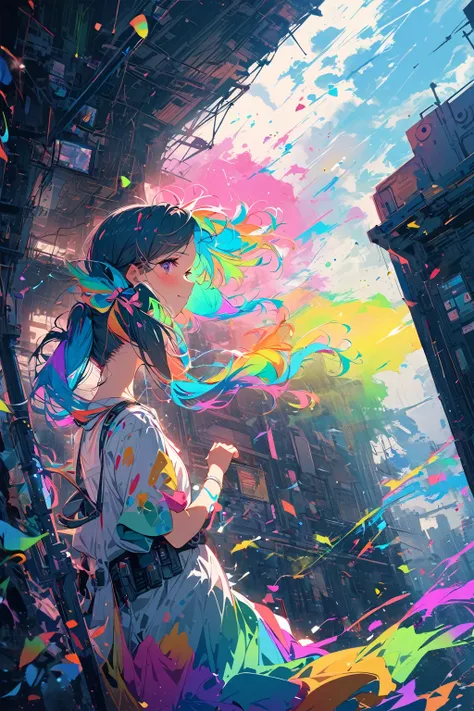 Hair shaking, victory, Long eyelashes, Solid round eye, A faint smile, ear blush, direction, (((Rainbow hair))), cosmetic, blush, sad, sad smile, shadow, Relief, Atmospheric perspective, 8K, Super Detail, precise, best quality, (Cyberpunk), Bright Lights, ...