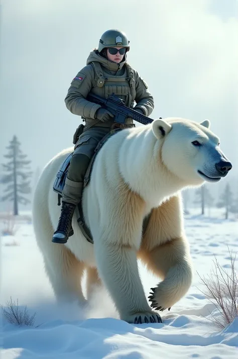 An ultra realistic, full-body scene set in an extreme winter environment, featuring a Canadian soldier wearing a full tactical uniform, including a helmet and a bulletproof vest. She is shown in full body, majestically riding a large polar bear, which also...